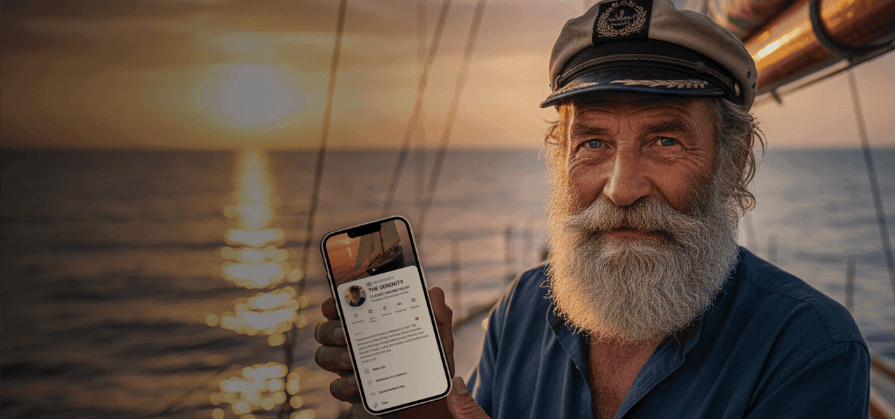 A sailor holding a smartphone displaying a yacht's digital business card at sunset