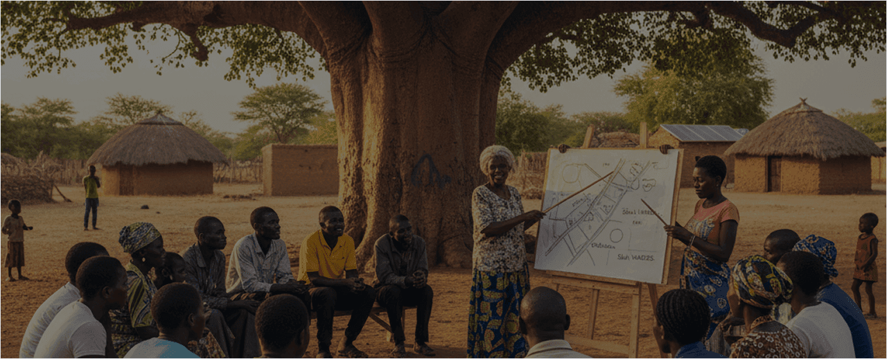 Outdoor community meeting under a tree with GPS and location overlays