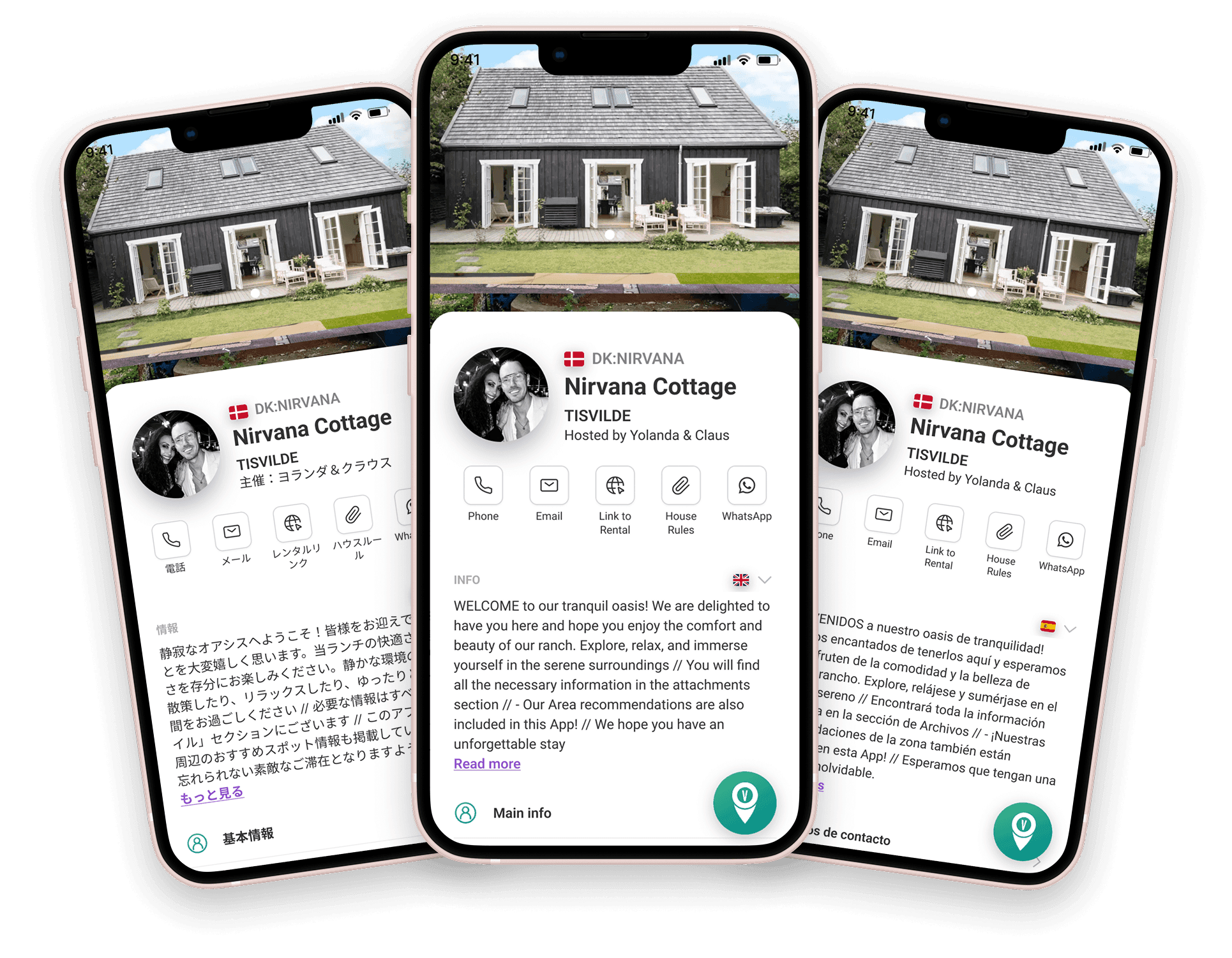 Mockups of a rental app for Nirvana Cottage shown in three languages