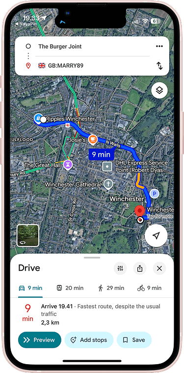 Google Maps mobile app with VayaPin GB:MARRY89 set as a destination