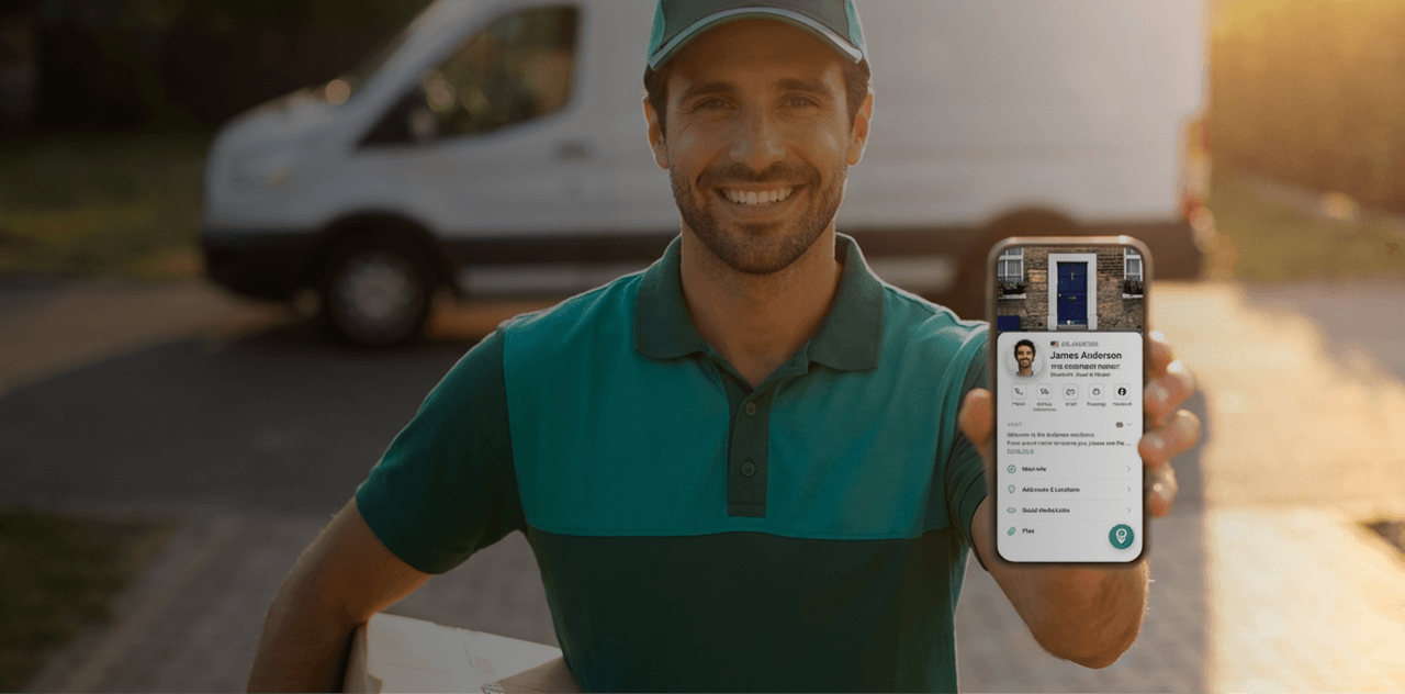 A delivery man holding a package, with the VayaPin mobile app open on his phone.