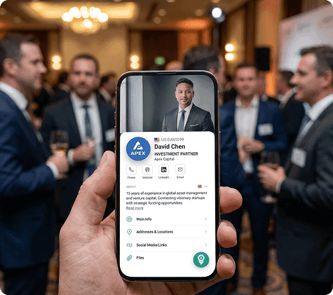 A hand holds a smartphone displaying a digital business card for David Chen at a crowded networking event.