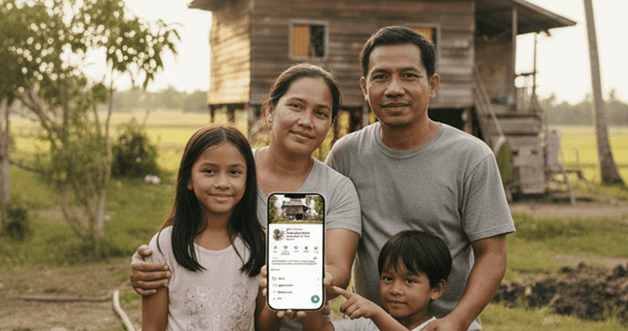 Family posing with a smartphone