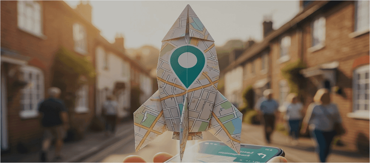 Paper map rocket held over a phone with a Vayapin delivery quote overlay.
