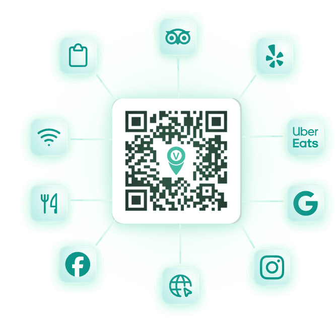 QR code connected to surrounding icons for social media, reviews, and dining services